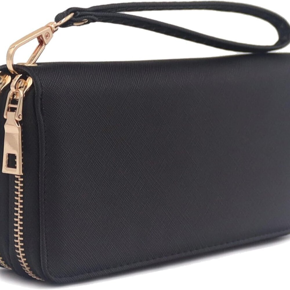 Women's Faux Leather Zip Around Wallet with Wrist Strap Double Compartment